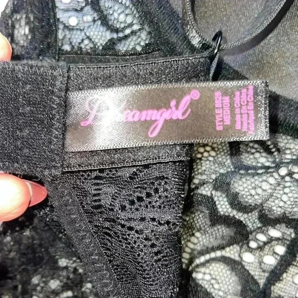Dreamgirl Lingerie Y2K Black Floral Lace Babydoll Dress Medium Garters Neon Pink - Picture 7 of 8